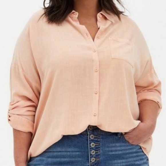 Torrid Rayon Slub Drop Shoulder Button-Front Long Sleeve Casual Shirt- Peach - Picture 1 of 4